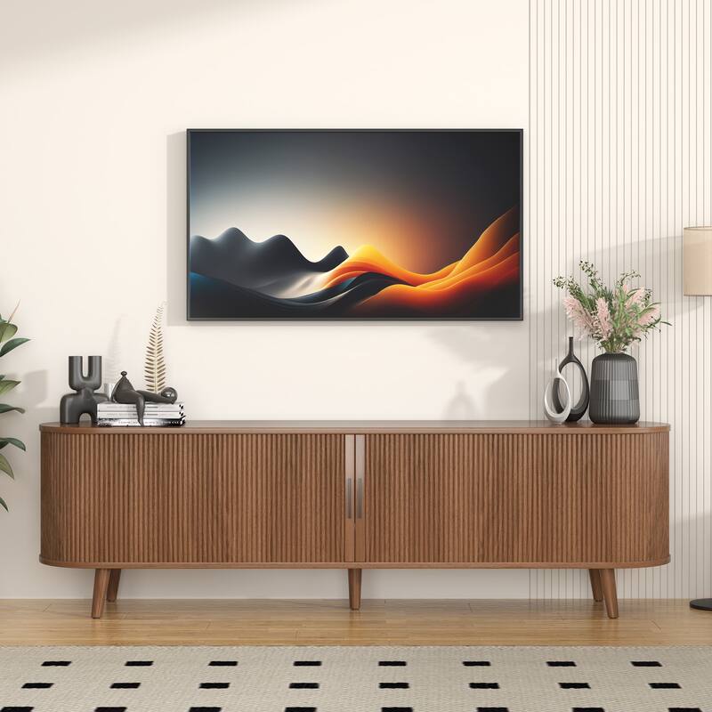 Gymojoy 71" Mid-Century Modern TV Stand, Walnut Media Console with Sliding Doors, Entertainment Center for TVs up to 80".