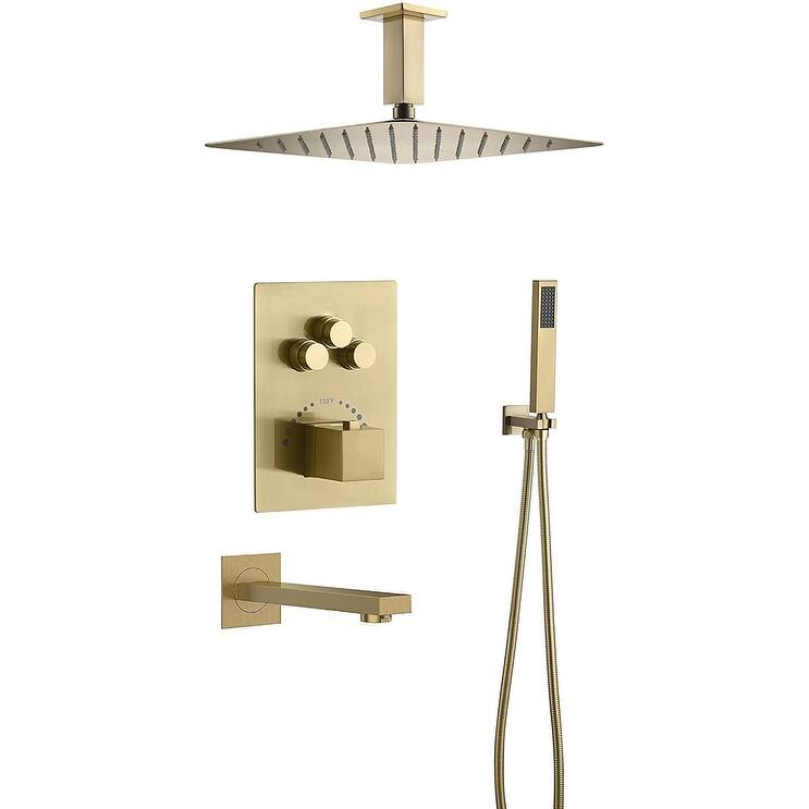 Brushed Gold Ceiling Mount 16" Rainfall Shower Head 3 Way Thermostatic Shower Faucet w/ Tub Spout - Brushed Gold