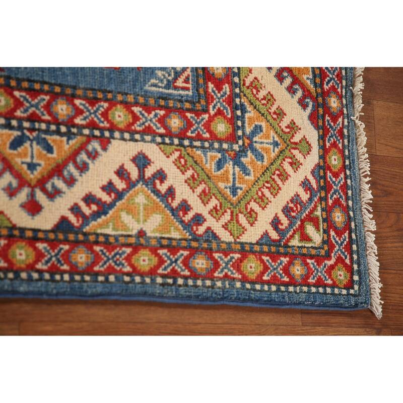 Kazak Oriental Accent Rug Hand-Knotted Blue Geometric Wool Carpet - 3'2"x 4'7"