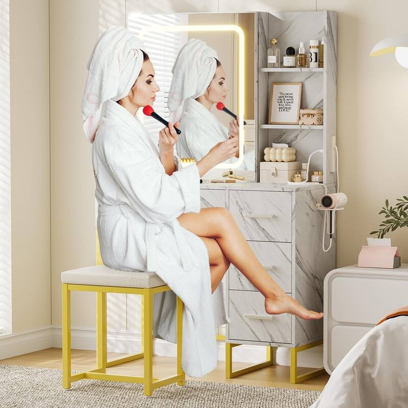 Makeup Vanity with Sliding LED Mirror, Charging Station, Drawers, Shelves & Stool