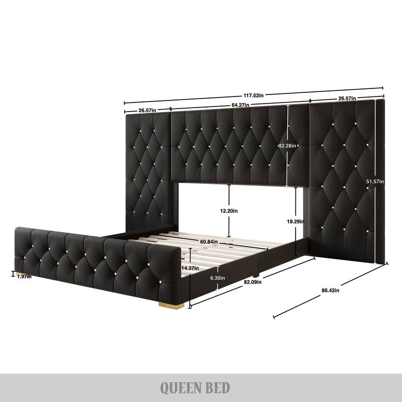 CraftPorch Luxurious Velvet Tufted Platform Bed with Wall Panels