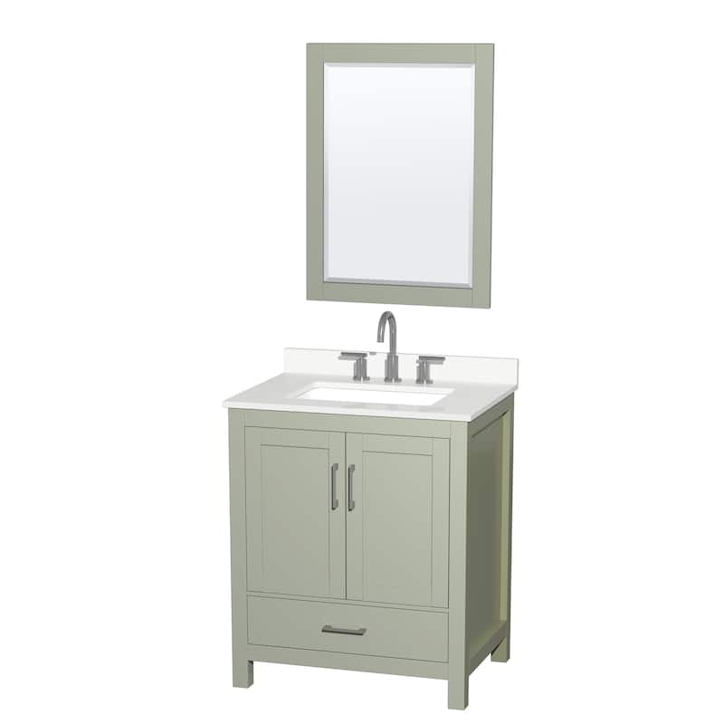 Sheffield 30-inch Single Vanity, 3 Hole Quartz Top, 24-inch Mirror - Light Green, Nickel Trim, White Quartz Top