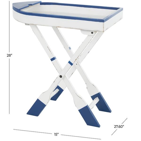 dimension image slide 0 of 2, White Wood Distressed Foldable Tray Top Boat Accent Table with Oar Leg