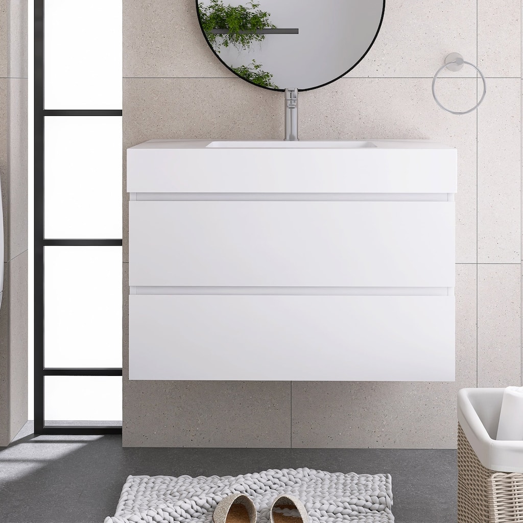 Wood Wall-Mounted Bathroom Vanity Set with White Integrated Resin Sink