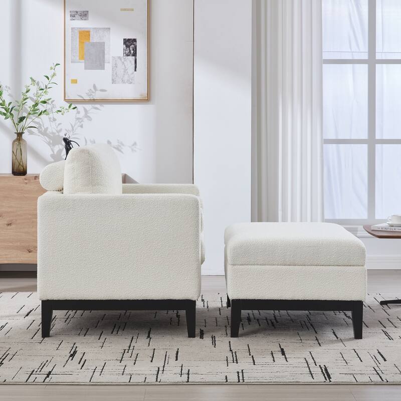 Upholstered Wood Base Square Accent Arm Chair with Ottoman