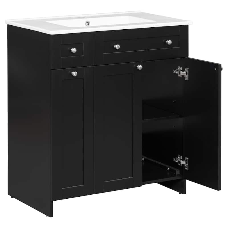 30" Black Bathroom Vanity with Ceramic Sink Combo, Abundant Storage Cabinet - 2 Soft-close Doors and Double-tier Deep Drawer