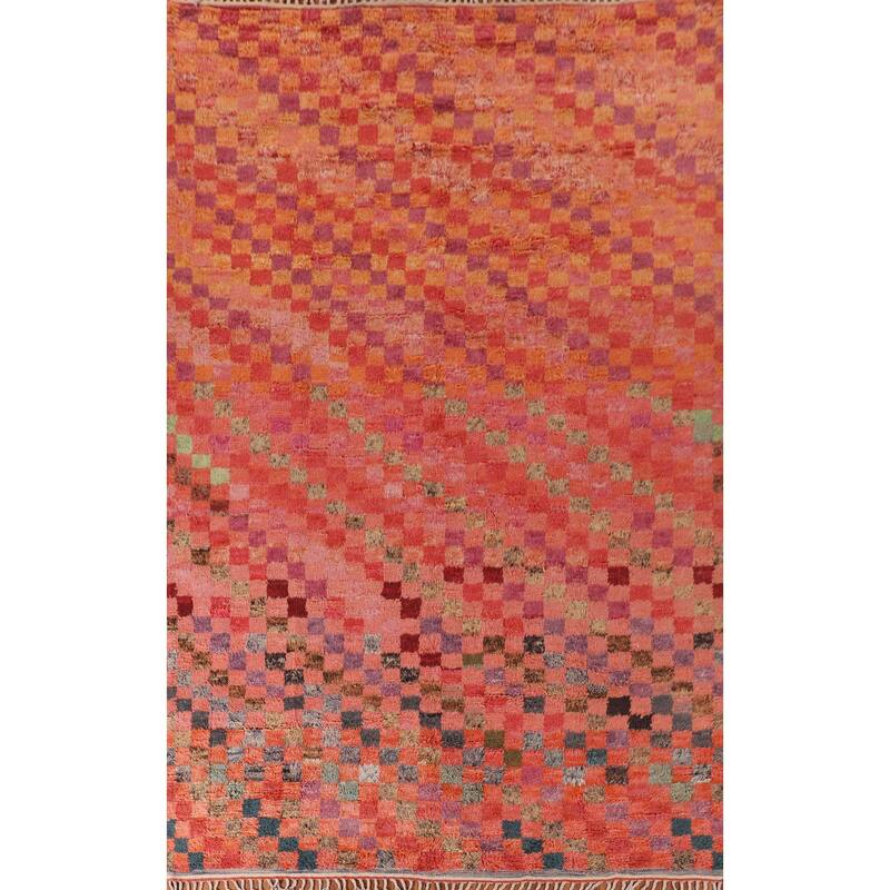 Coral Checkered Moroccan Area Rug Hand-Knotted Wool Carpet - 8'11" x 12'7"