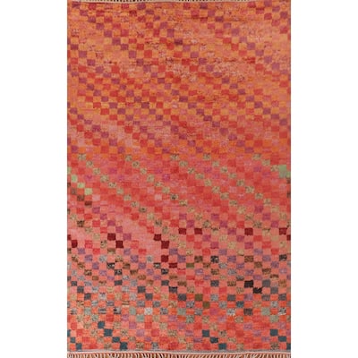 Coral Checkered Moroccan Area Rug Hand-Knotted Wool Carpet - 8'11" x 12'7"