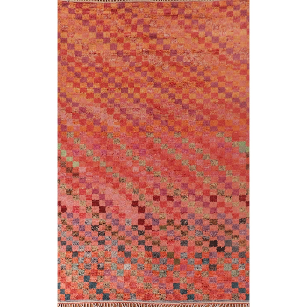 Coral Checkered Moroccan Area Rug Hand-Knotted Wool Carpet - 8'11" x 12'7"