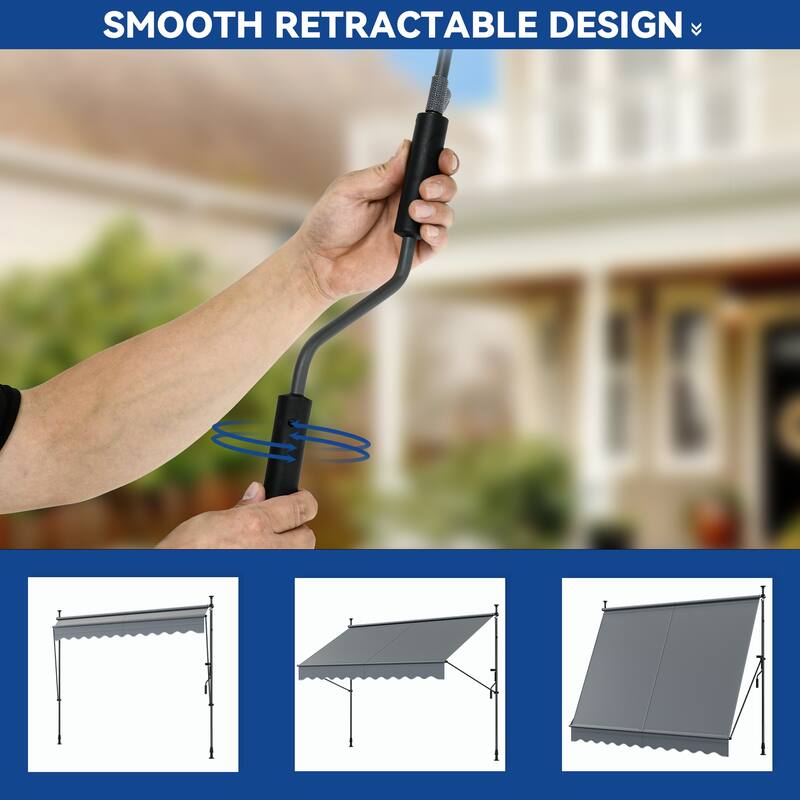 Mosis 13' x 4' Manual Retractable Awning, Non-Screw Freestanding Patio Sun Shade Shelter with Support Pole Stand