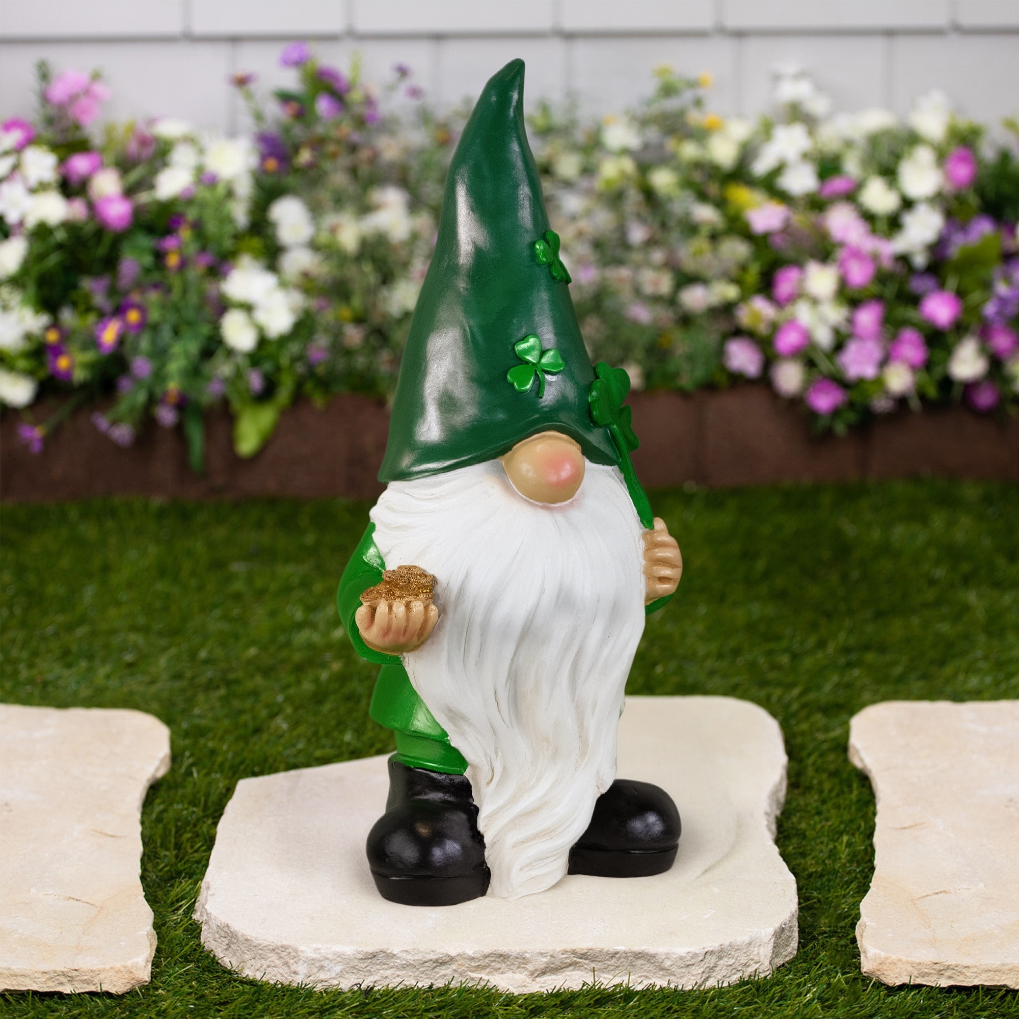 St. Patrick's Day Shamrock Gnome Outdoor Garden Statue - 16.25"