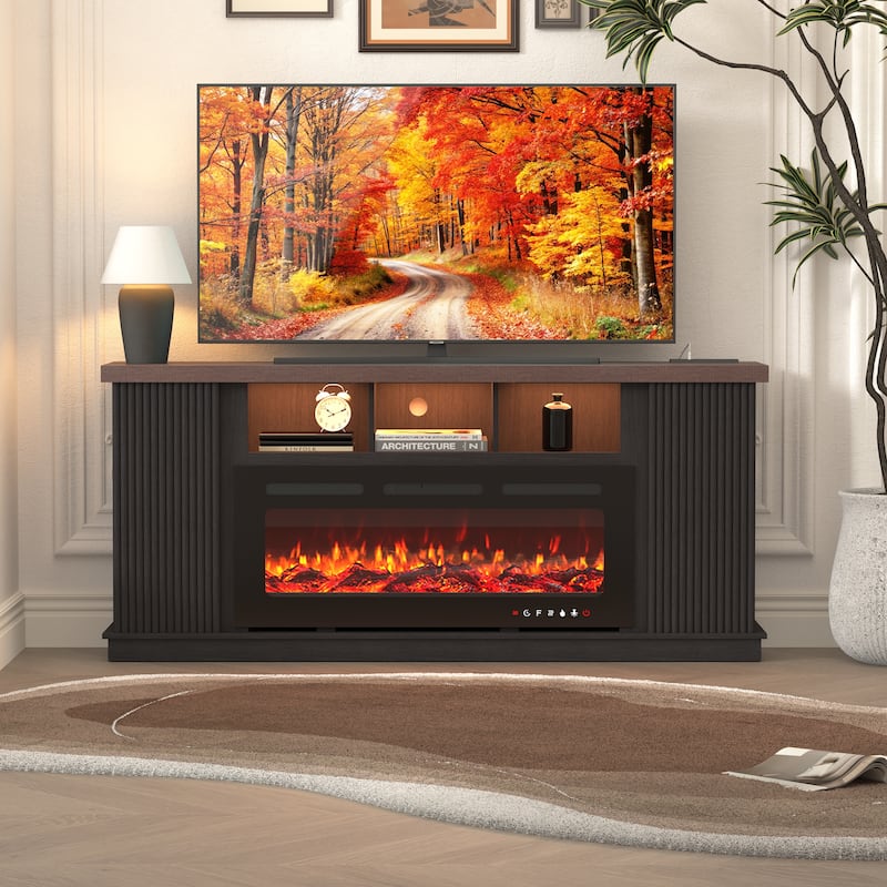Erommy 70" TV Stand with Electric Fireplace Heater, Media Entertainment Center Console for TVs up to 80" with Storage Cabinet