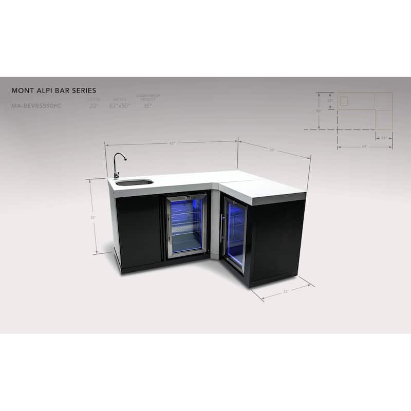 Mont Alpi MA-BEVBSS90FC 3-Piece Black Stainless Steel Modular Outdoor Kitchen Island Bar + Beverage Center + Granite Countertops