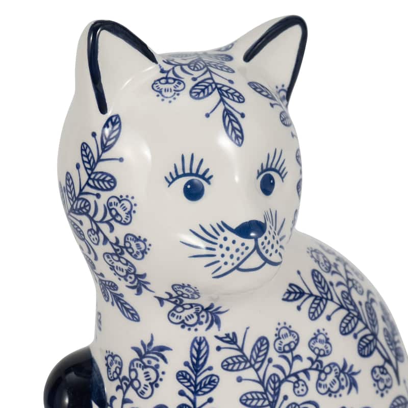 Ceramic Cat Sculpture Contemporary Vintage Style Chinoiserie Blue and White Floral Cat Statue Cat Lover