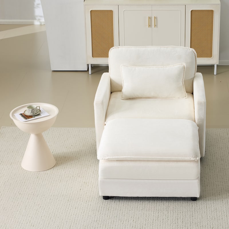 Plush Single Sofa Armchair & Ottoman Set of 2, Corduroy Chaise Lounge with Pillows - Compact Size for Living Room, Bedroom