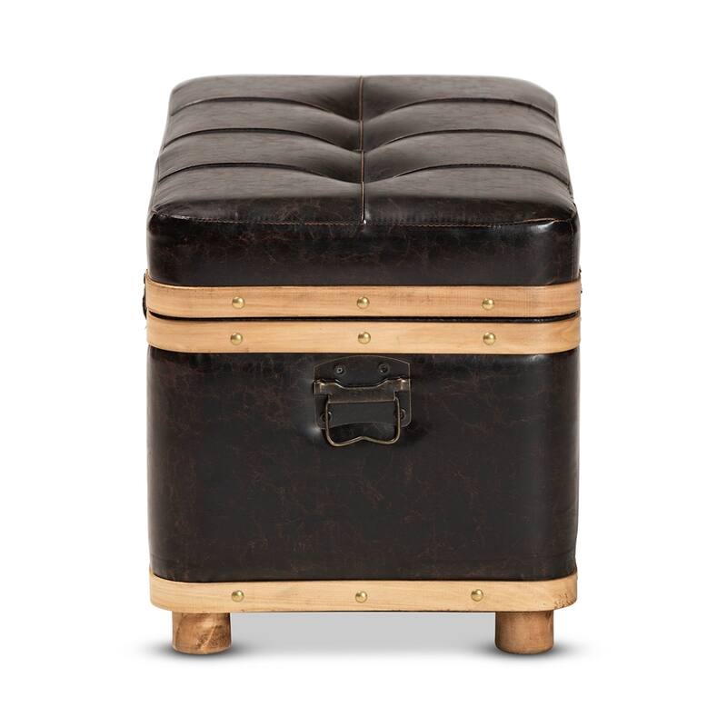 Modern Rustic Transitional Dark Brown Faux Leather Upholstered and Oak Brown Finished Wood Large Storage Ottoman