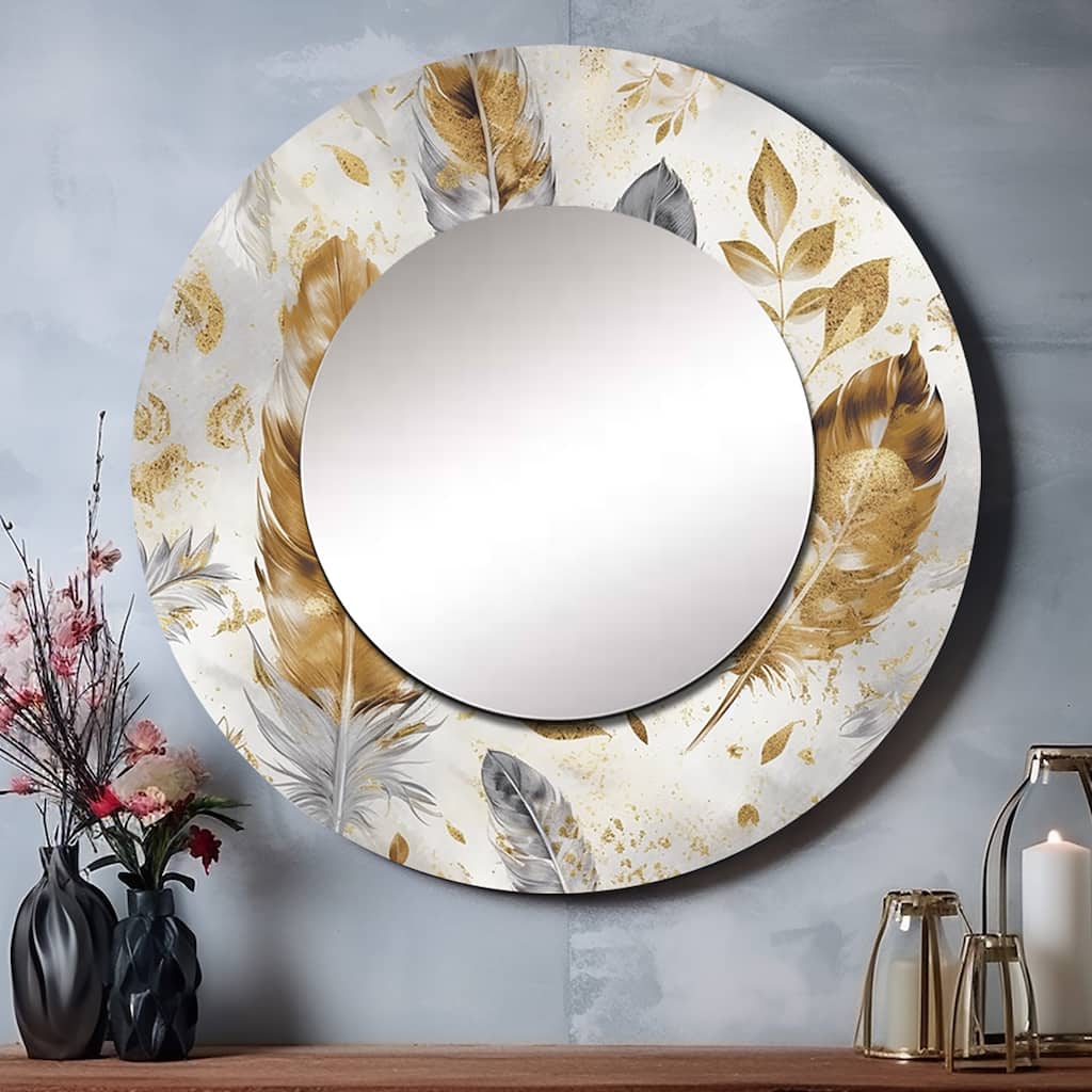 Designart "Gold And Silver Impressions Of Bohemian Energy" Boho Feather Living Room Mirror - Traditional Round Mirror