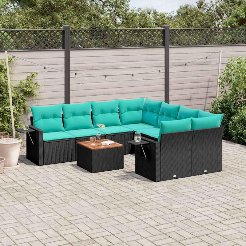 vidaXL 9 Piece Patio Sofa Set with Cushions Black Poly Rattan - 24.4" x 24.4" x 27.2" - Black and blue