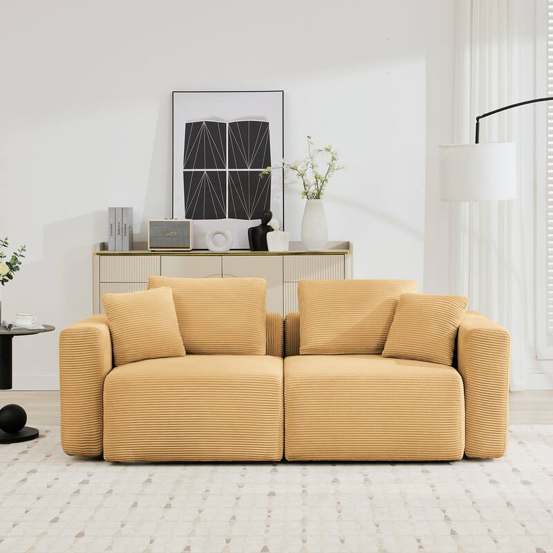Corduroy Sectional Modular Sofa with Square Arms & Ottoman Extension for Flexible Arrangements