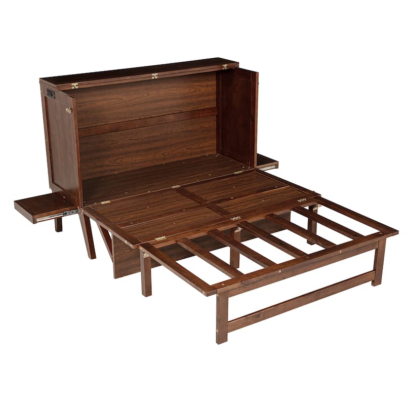 Murphy Bed with USB Port and Removable Shelves on Each Side, Solid Pine Murphy Cabinet Bed