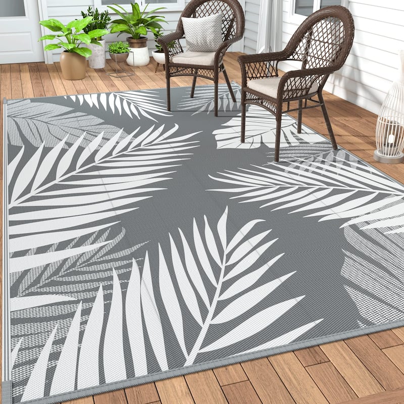 Mcow Palm Leaf Collection Reversible Woven Waterproof Outdoor Area Rug - 6' x 9' - Grey/White - Rectangle