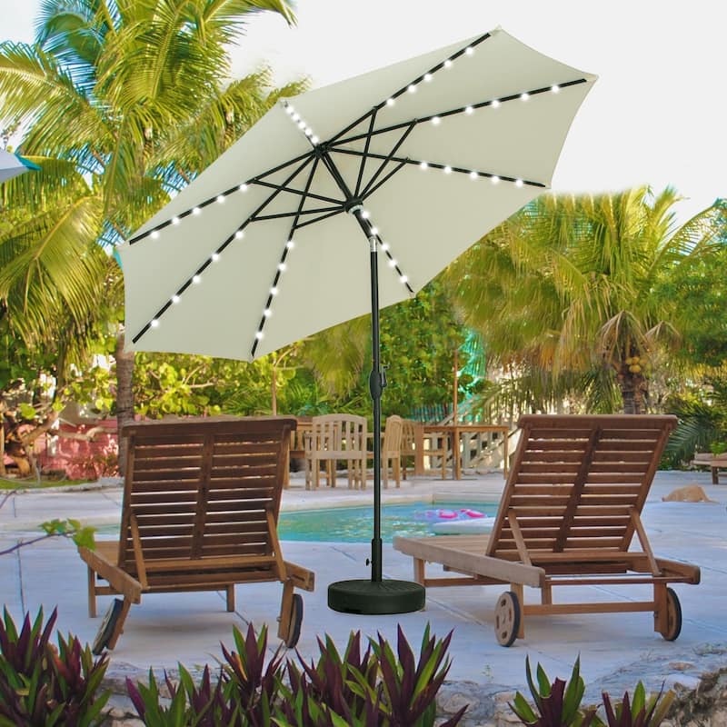 Ainfox 10ft Patio Umbrella with Lights Outdoor Solar Umbrella - Offwhite with Base