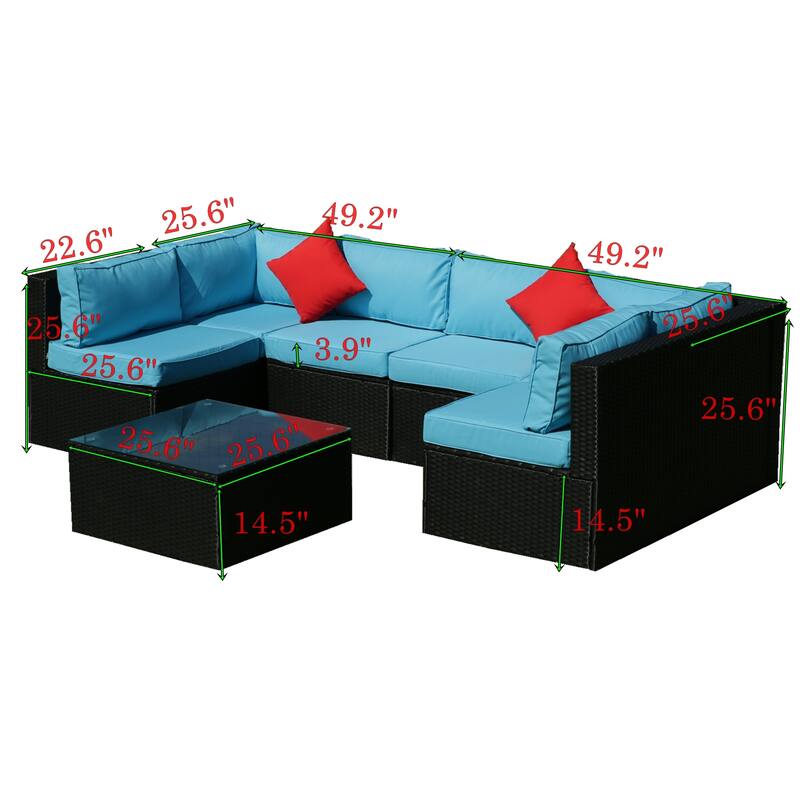 5 Piece Patio Furniture Set, Outdoor PE Rattan Conversation Set, Outdoor Sectional Couch Set with 2 Pillow and Glass Table