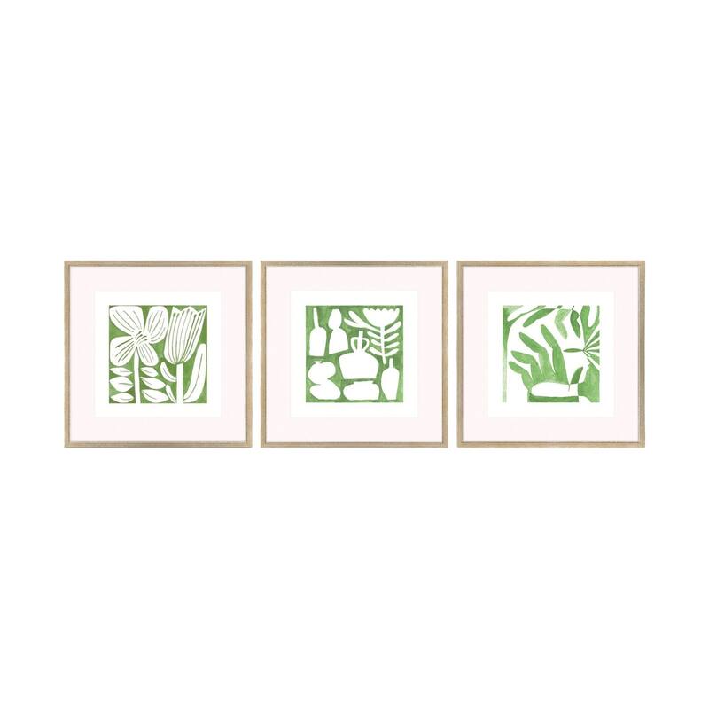 HomeRoots Set Of Three Green Modern Garden Gold Framed Wall Art