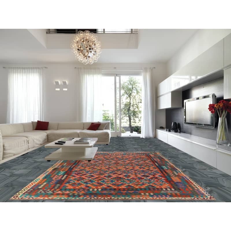 Reversable Kilim Oriental Area Rug Hand-Woven Orange Wool Carpet - 9'9"x 13'5"