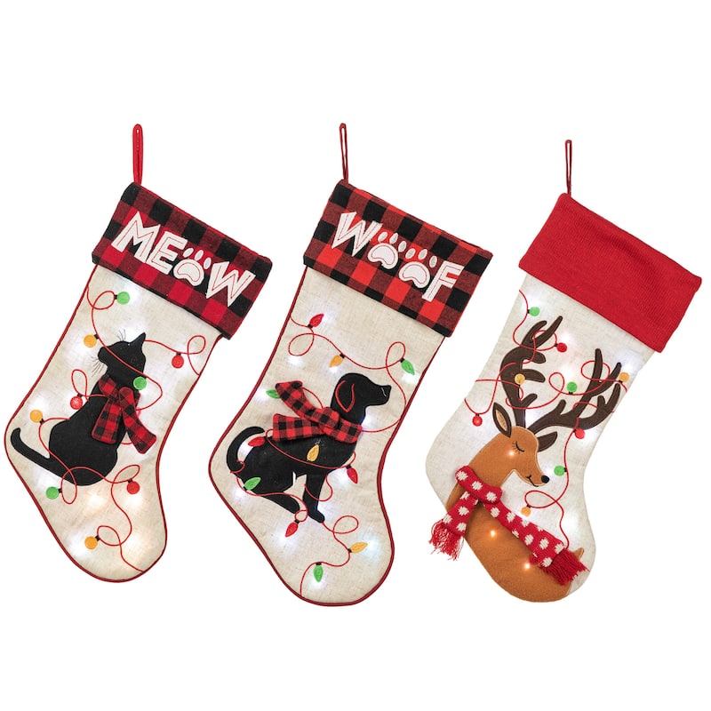Glitzhome 21"L LED Embroidered Linen Reindeer Cat Dog Christmas Stockings - 3 PK Reindeer & Cat & Dog