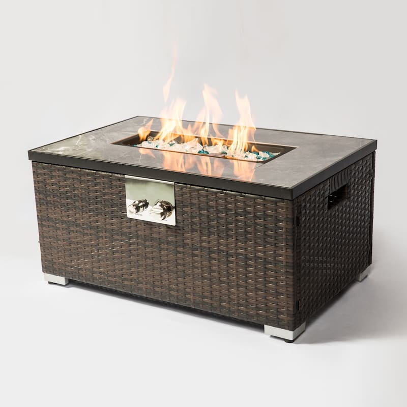 GDFStudio - Verona Outdoor Rattan Gas Fire Table with Ceramic Tile Tabletop