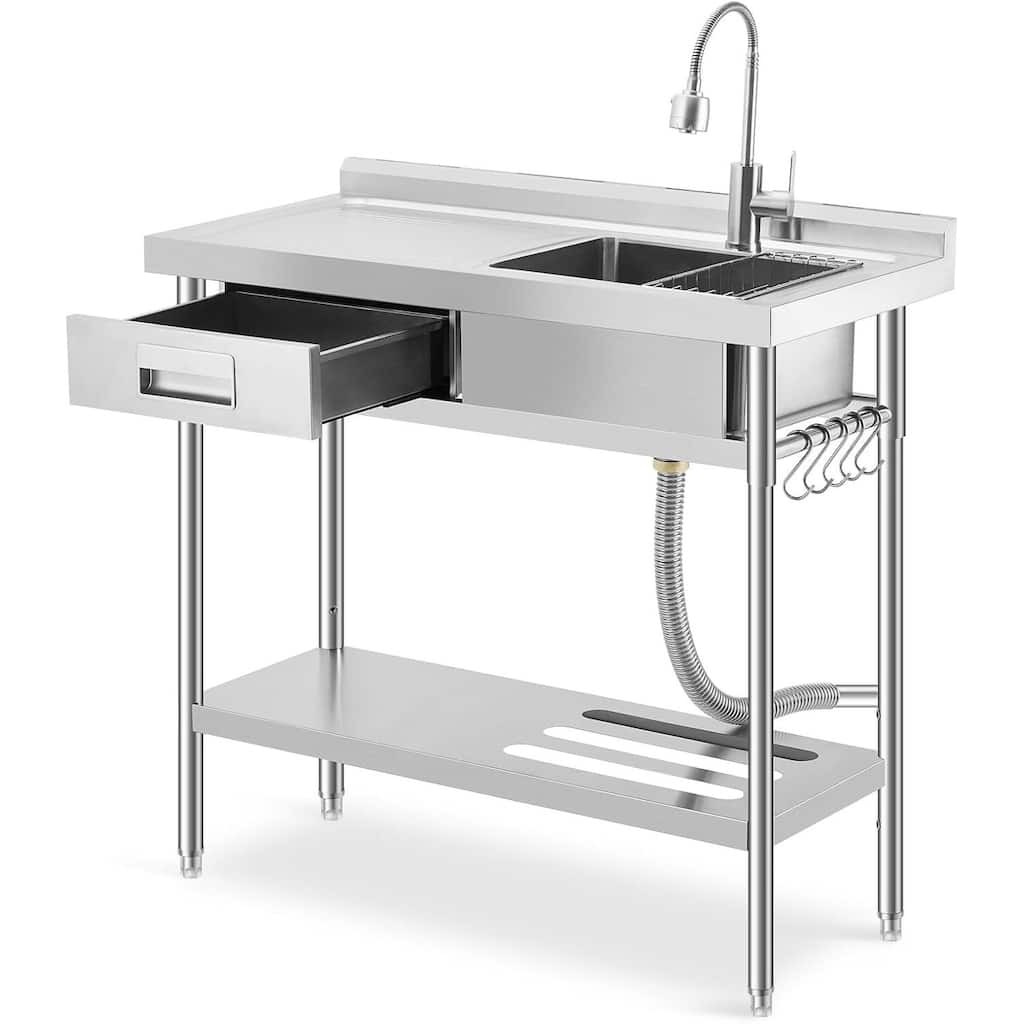 39.4"x19.7"x38.6" Freestanding Single Bowl Utility Sink with Pull-Out Hot & Cold Faucet