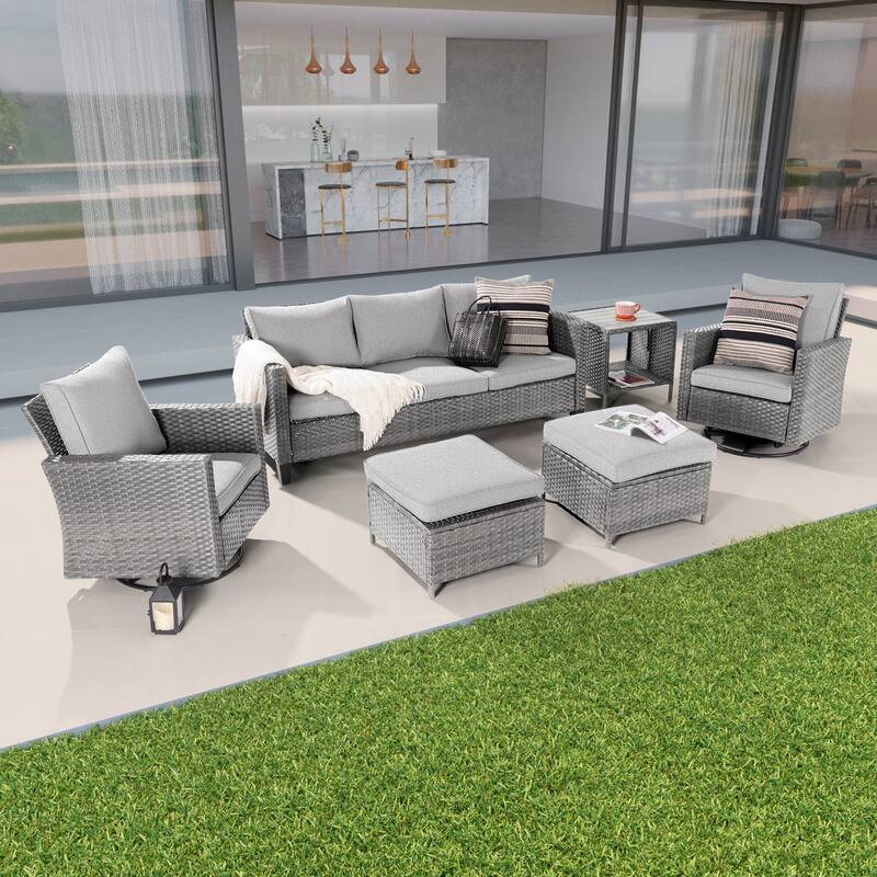 BONOSUKI 6Pcs Patio Swivel Rocking Sofa Set Grey Rattan w/Side Table - Linen Grey