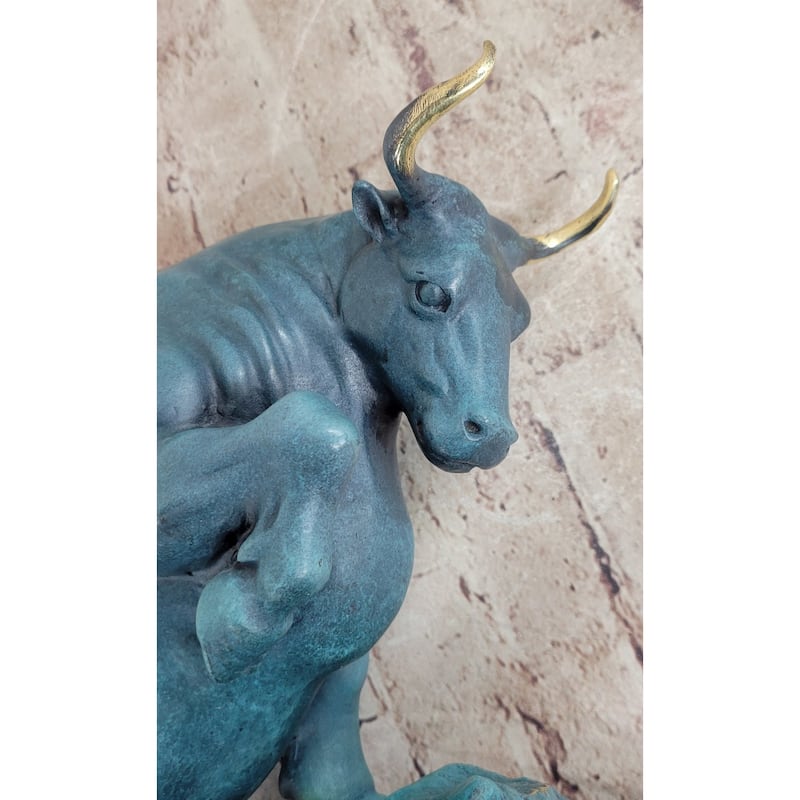 Charging Bull Hot Cast Bronze Figure W/ Blue Green Patina On Marble Base By Milo