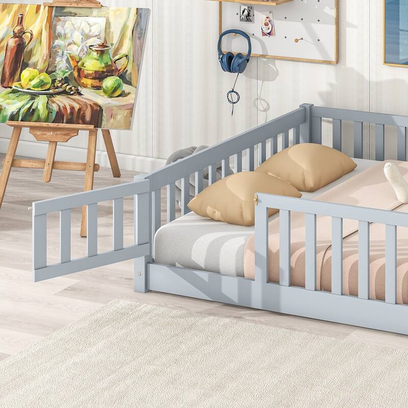 White Full Size Wooden Floor Bed with Fence & Door, Rubber, Safety Guardrails