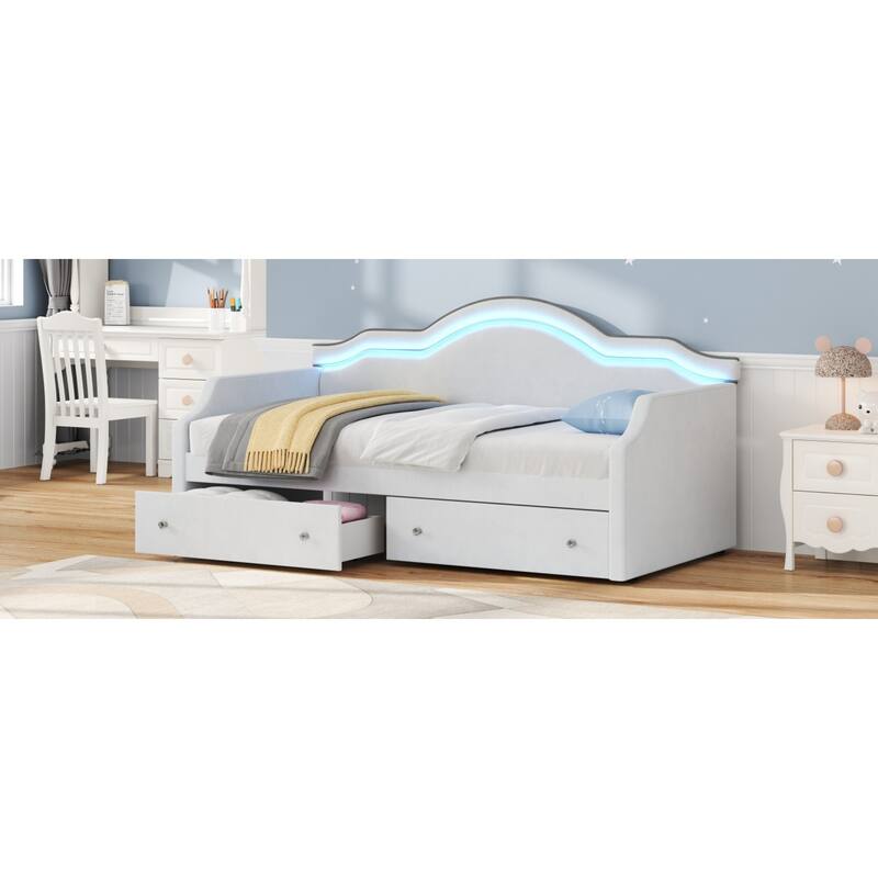 Roomfitters Twin Size Upholstered Daybed with LED Light Strip and Underbed Storage Drawers, Wave Shape Padded Frame, White
