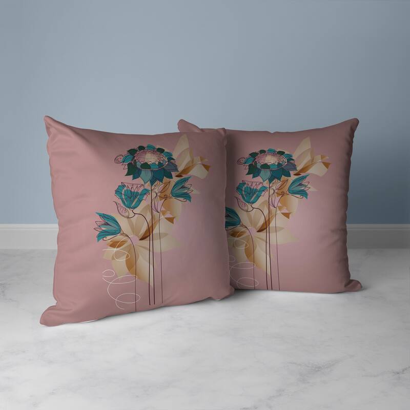 Flowers Line Art Faux Suede Reversible Throw Pillow Pink and Green