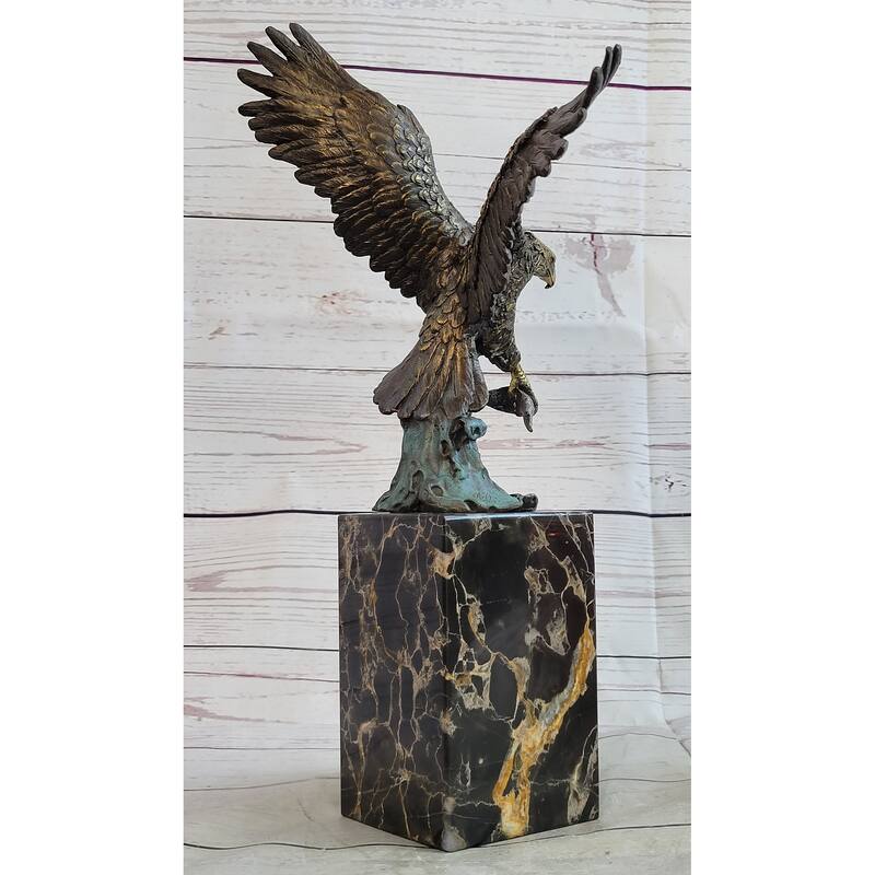 Flying Eagle Bird Catching Fish Bronze Statue Sculpture Signed Art On Marble Base