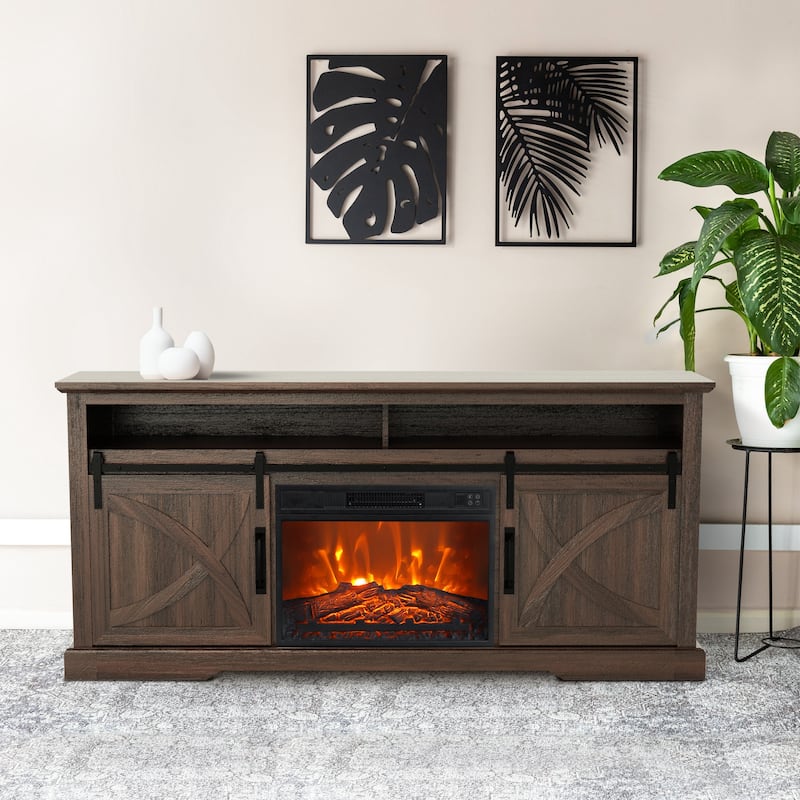 68" Farmhouse Sliding Barn Door Fireplace TV Stands Console Table with 23" Electric Fireplace