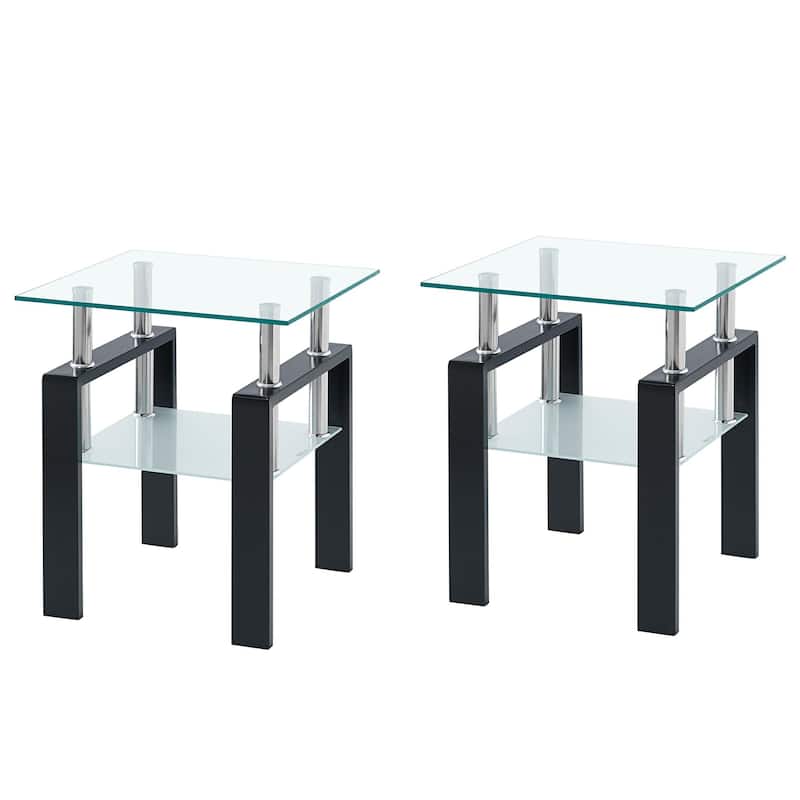 HomeRoots Set of Two Clear and Black Glass and Metal Square End Tables With Shelf - 17.71 in. x 20.47 in. x 17.71 in.
