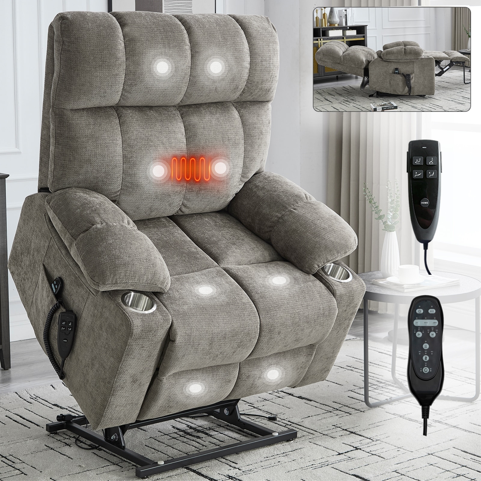 Dual Motor Power Lift Recliner Chair with Heat, Massage & Cup Holders