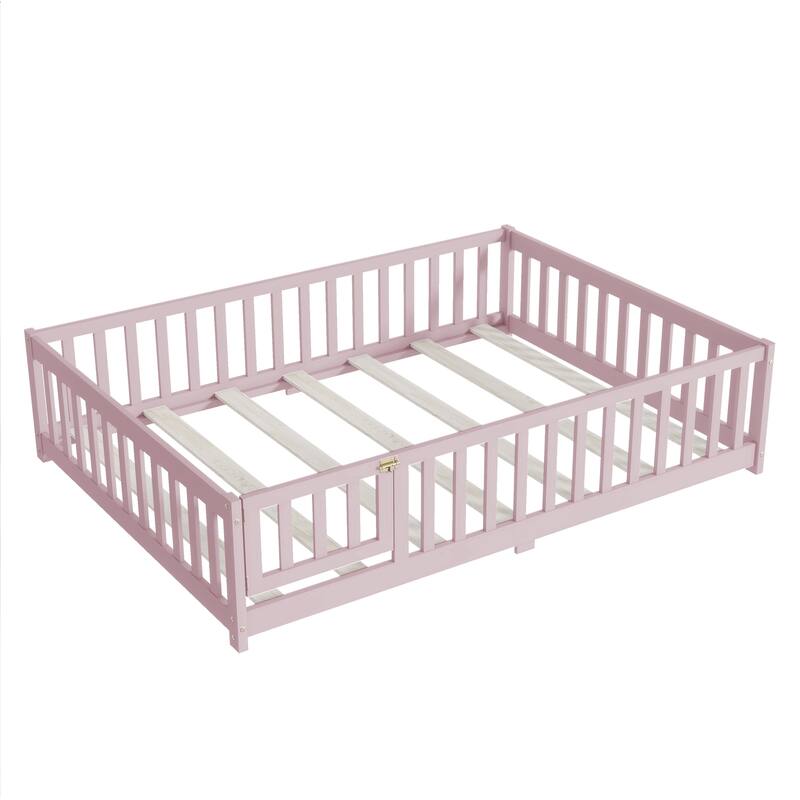White Full Size Wooden Floor Bed with Fence & Door, Rubber, Safety Guardrails