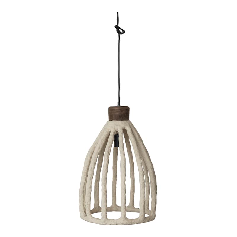 Handmade Paper Mache, Mango Wood and Metal Pendant Lamp - 15.0"L x 15.0"W x 21.5"H