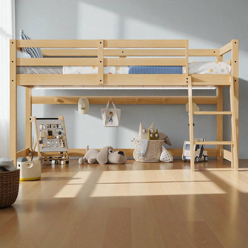 Kids Twin Convertible Low Loft Bed to Bunk Bed, Solid Wood Modern Frame with LED Strip Lighting and Storage Hooks