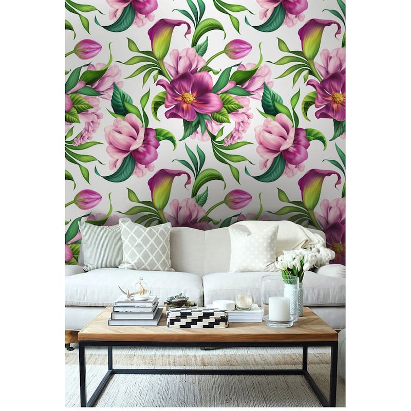GK Wall Design Floral Pink Flower Calla Lily and Tulip Bouquet Removable Wallpaper