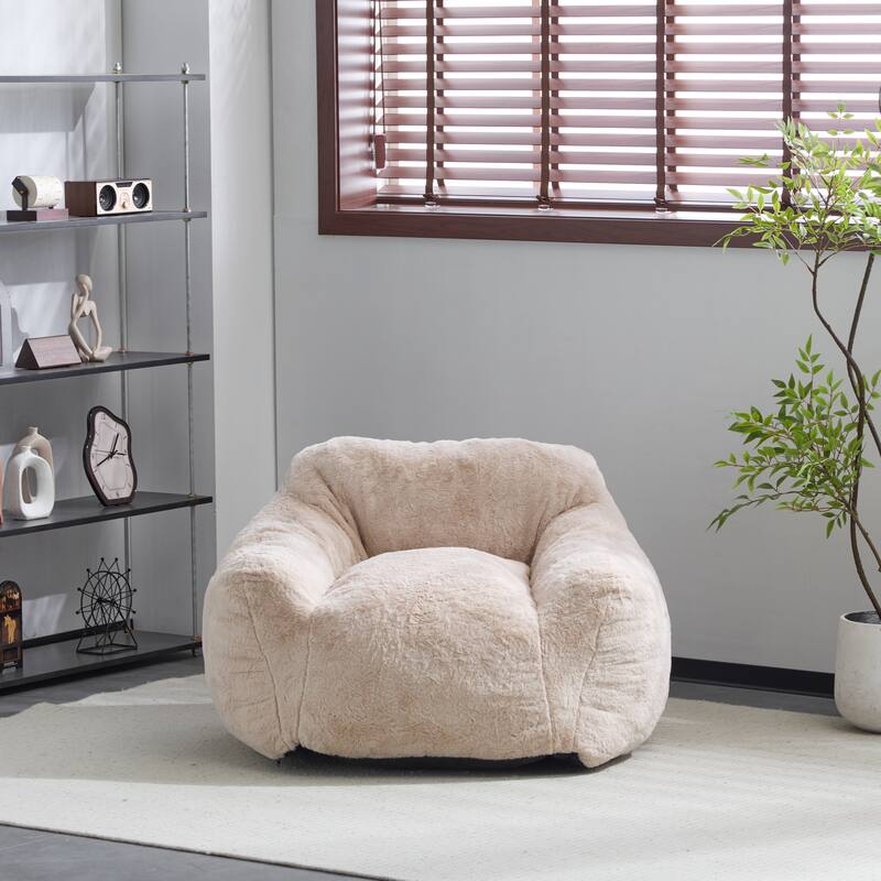 Roomfitters Auch Indoor Armchair Style Bean Bag with Tall Backrest, Shredded Foam Fill, Beige Faux Fur