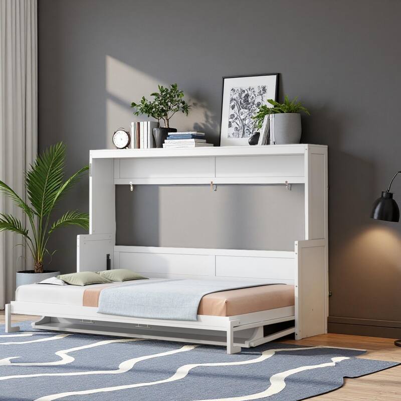 Hydraulic Folding Queen Murphy Bed with Integrated Desk & Hidden Workspace by Harper&Bright Designs - White - Queen