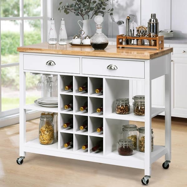 Costway Rolling Kitchen Island Bar Storage Serving Cart With Drawers And Wine Rack Brownwhite Overstock 31058611 Our second wine cart is a wine themed variant of the cocktail cart, with a metal framed serving surface, glassware hangers, and small bottle storage. costway rolling kitchen island bar