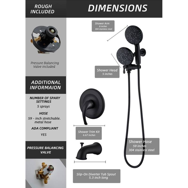 Complete Shower System with Tub Shower Faucet Set 5in Head Matte Black