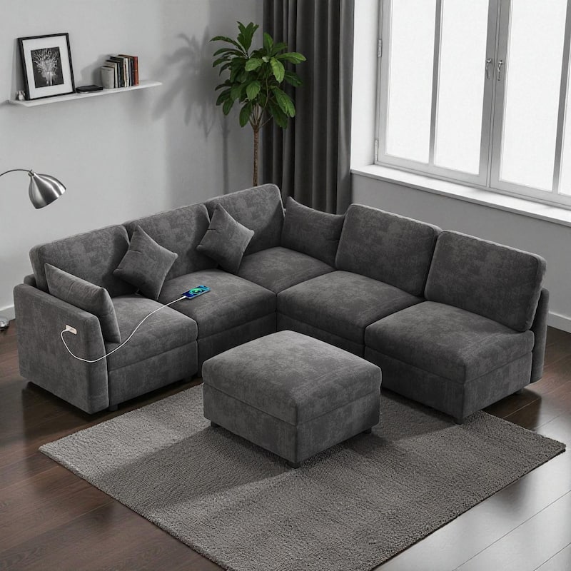 86.6" Modular Sectional Sofa with Ottoman and USB Ports, U-Shaped L-Shape Couch Bed with Chenille Fabric for Living Room